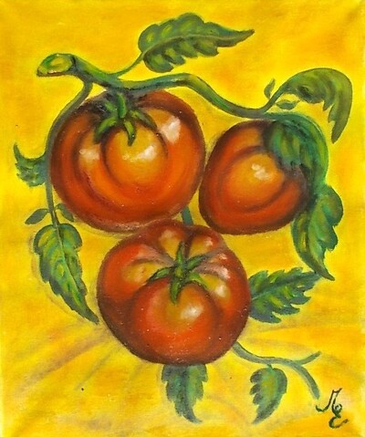 Картина авторская. Натюрморт с томатами. Холст, масло. 20 *30 см
