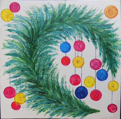 Картина авторская. Акрил, картон, 20*20 см. Новогодний сюжет.