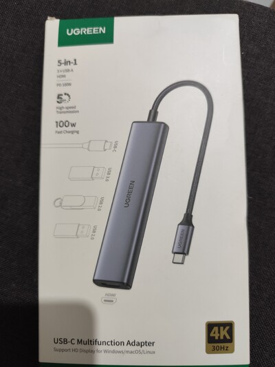 UGREEN 5-in-1 USB-C хаб HDMI 4K, 30Hz PD 100W 3xUSB новий!