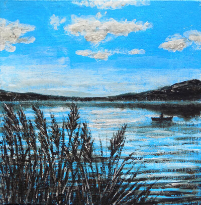 Картина - миниатюра *Пейзаж с озером*. Акрил, картон, 20*20 см