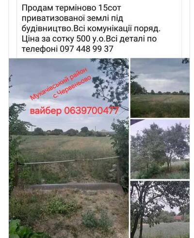 Продам ділянка під житлову забудову Мукачівський, Червеньово, Центральна