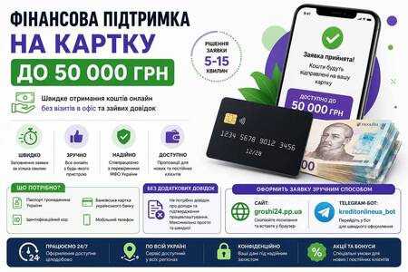 Деньги на карту онлайн до 50 000 грн | Быстрое оформление по всей Украине